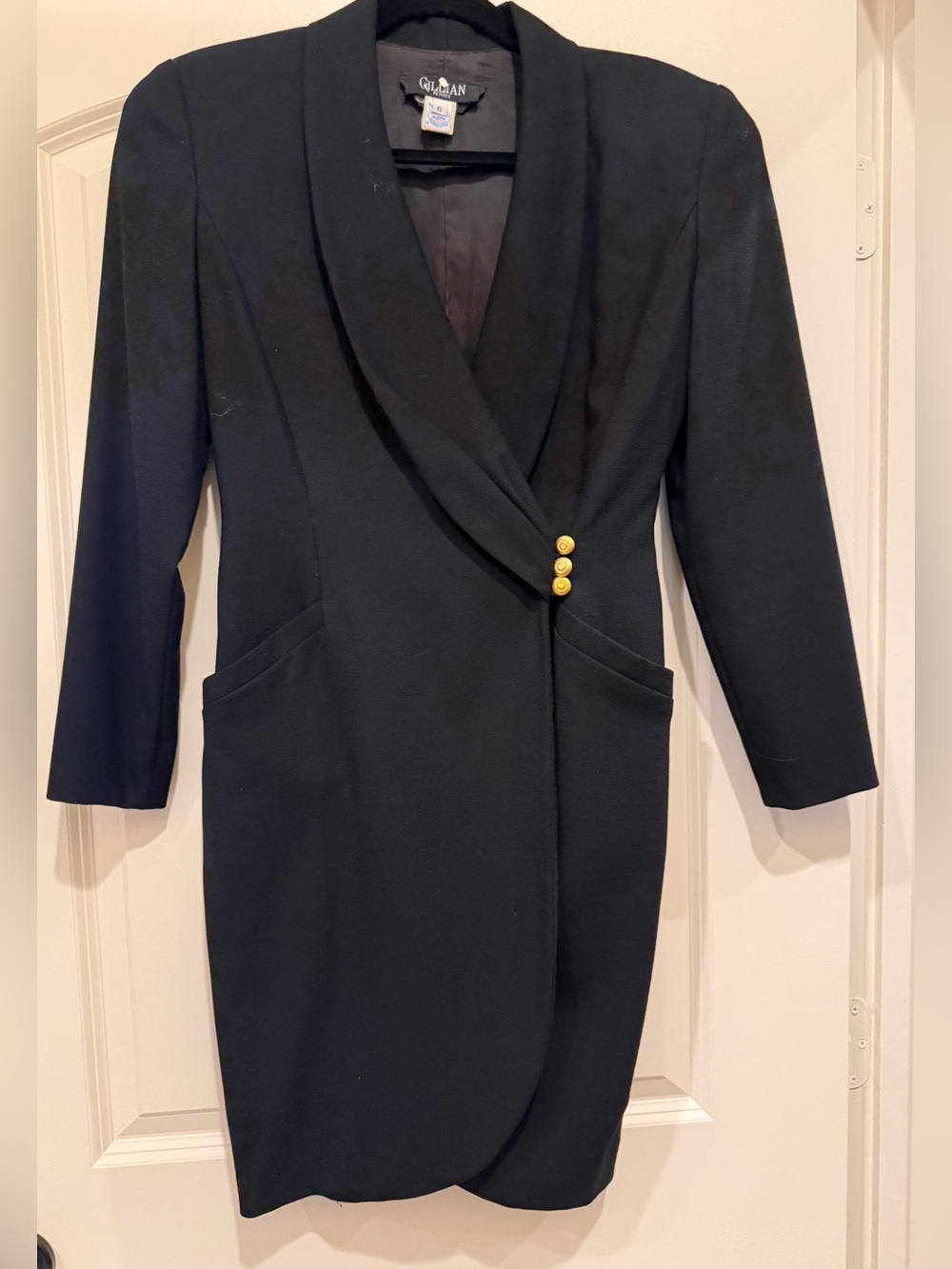 Vintage Gillian Petites Black 100% Wool Blazer Dress Gold Buttons Wrap Style - 6